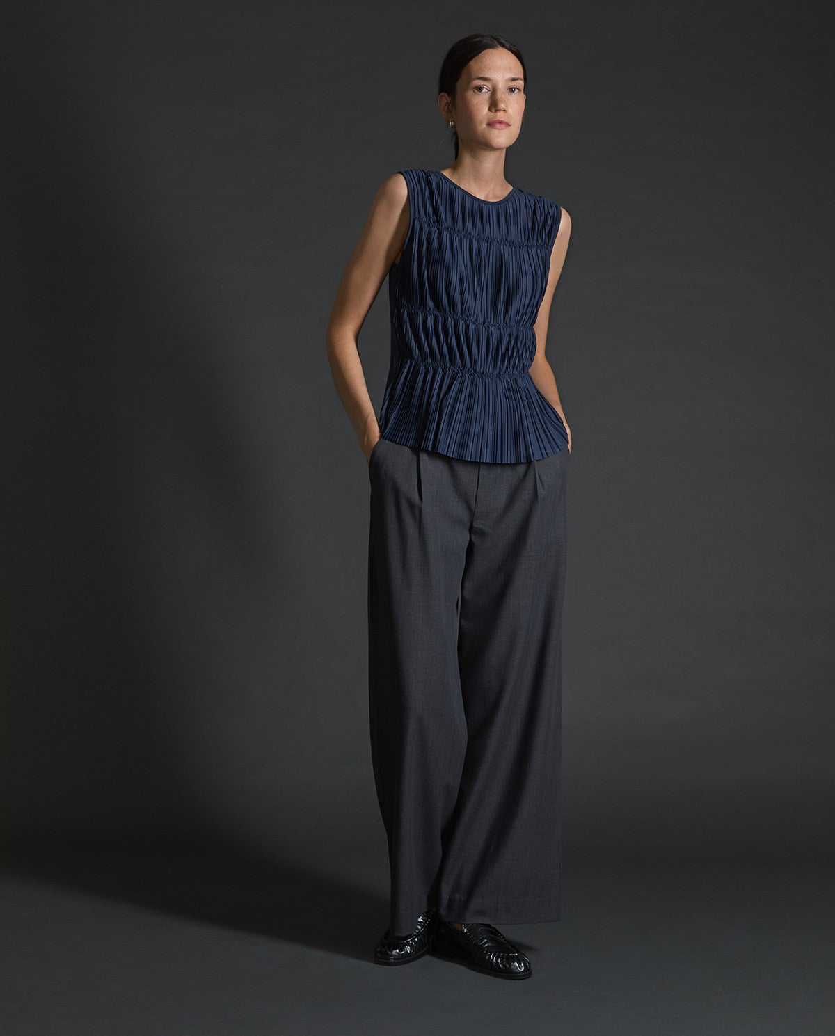 YERSE Navy-Blue Pleated Camisole