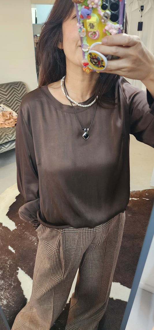 Satin Long Sleeve Blouse | Latte
