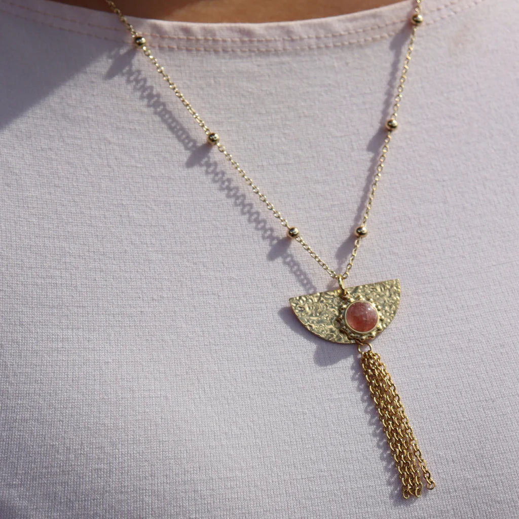 Fabuleux Vous Steel Me Boho Yellow Gold Pink Stone Necklace