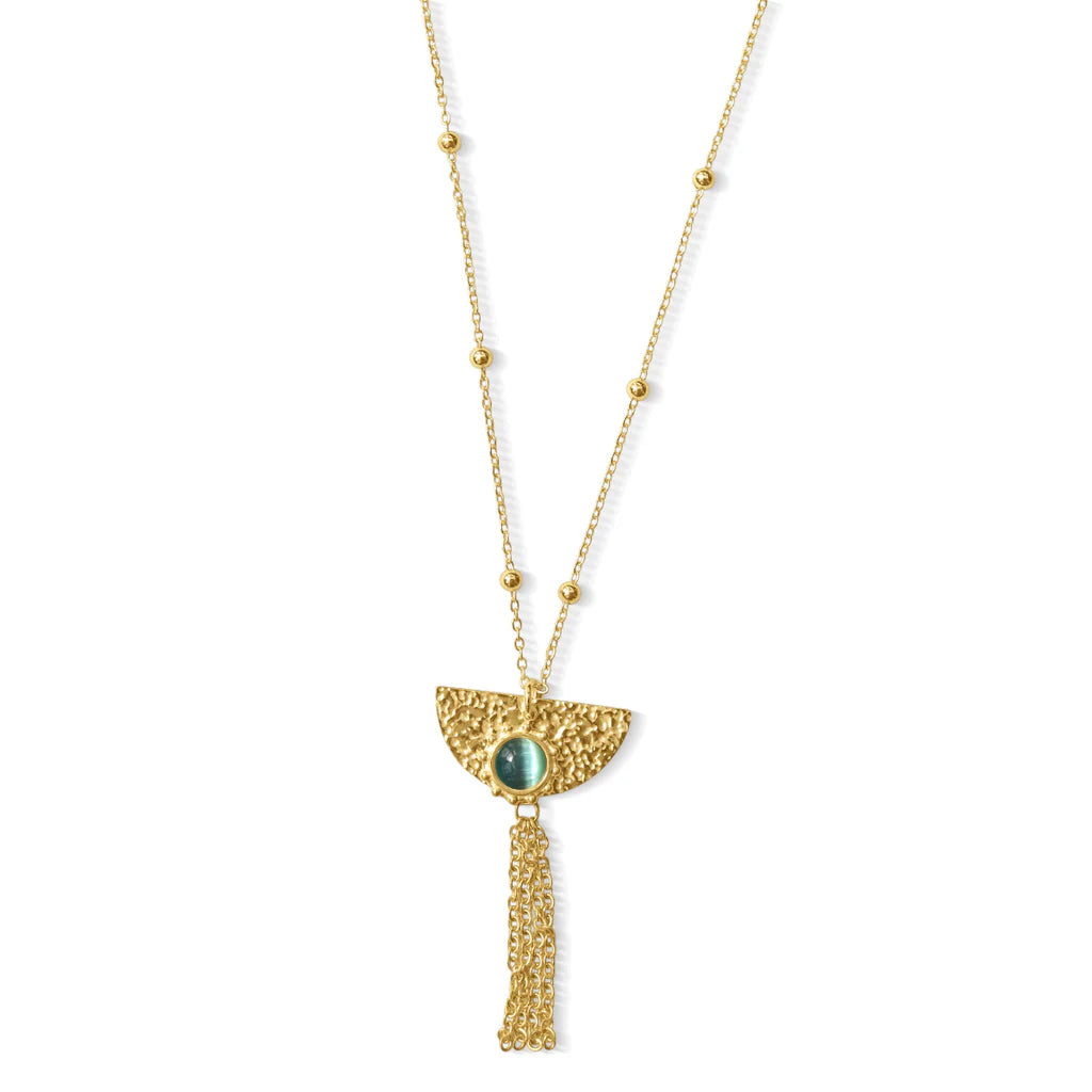 Fabuleux Vous Steel Me Boho Yellow Gold Blue Stone Necklace