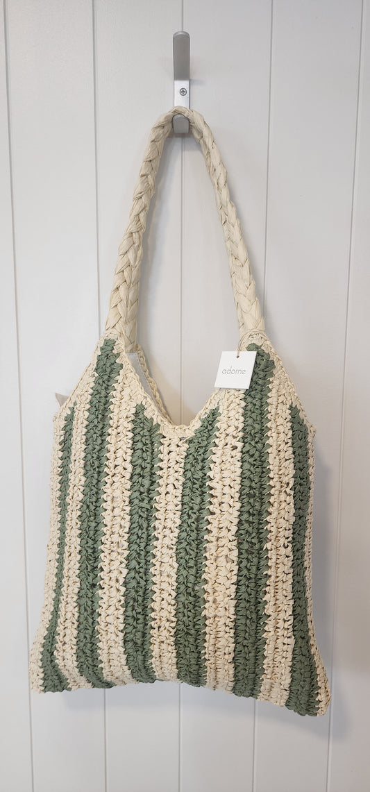 Mila Striped Weave Tote Bag (Green/Tan)