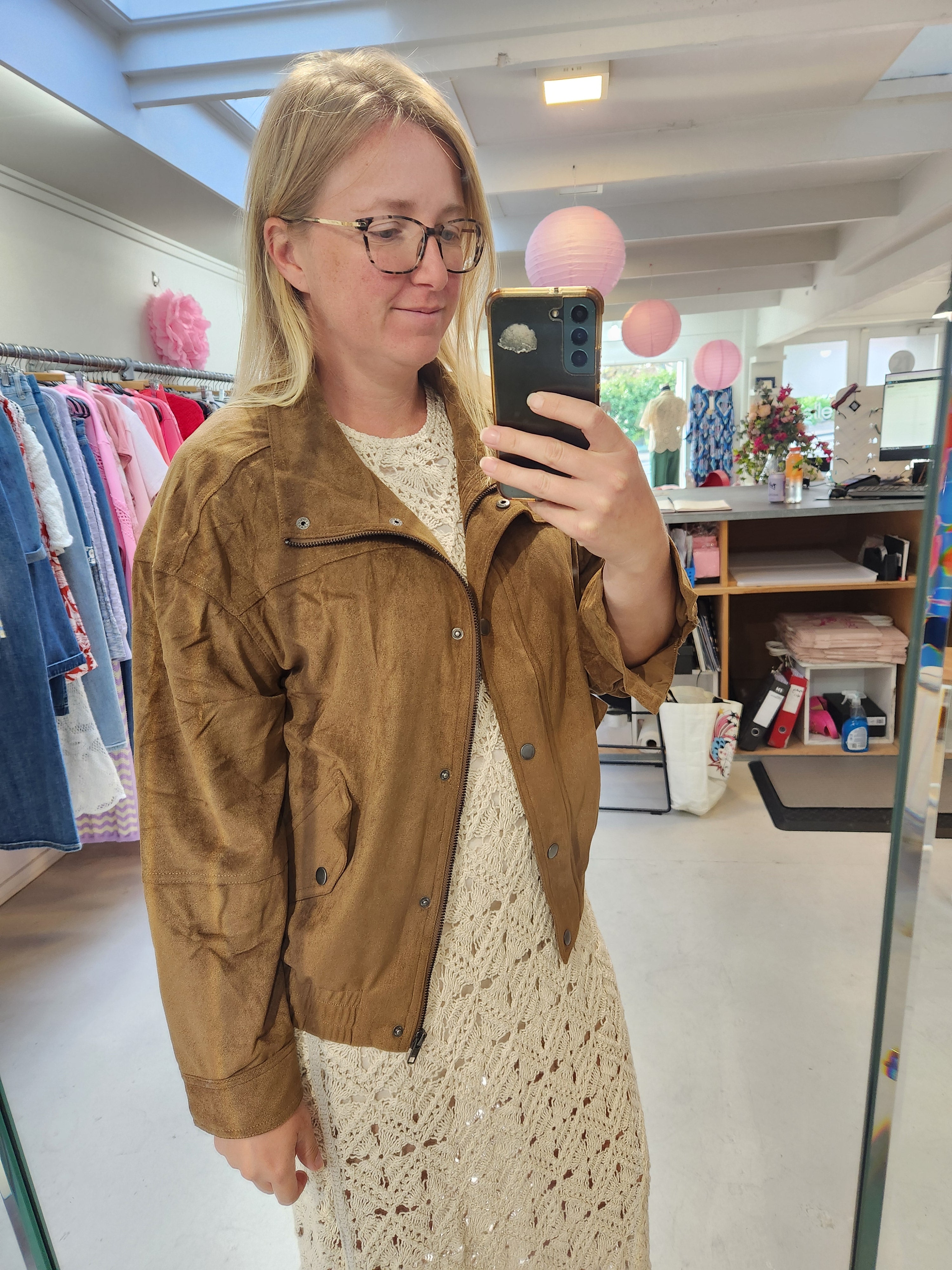 Tan Faux Suede Bomber Jacket