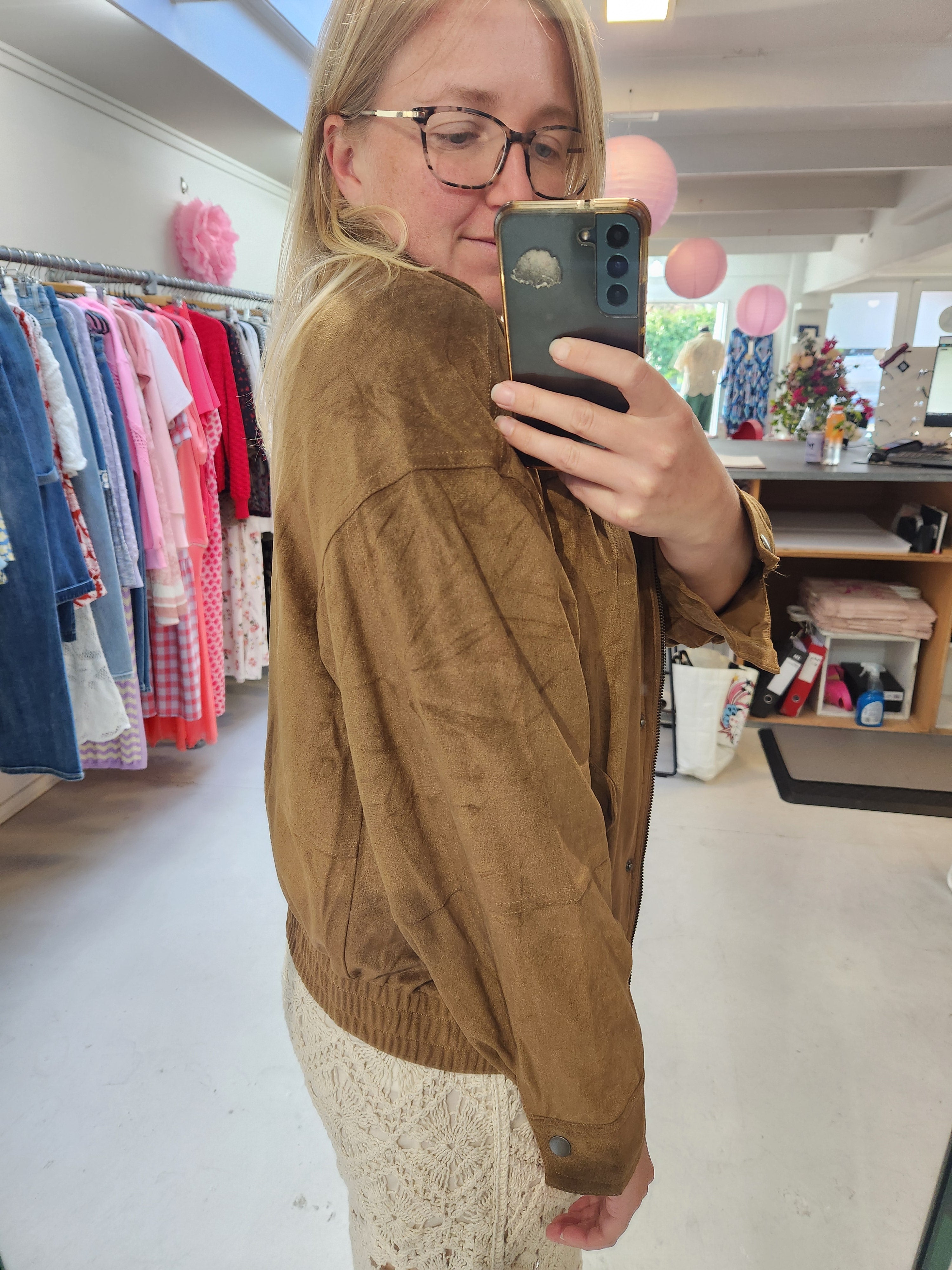 Tan Faux Suede Bomber Jacket