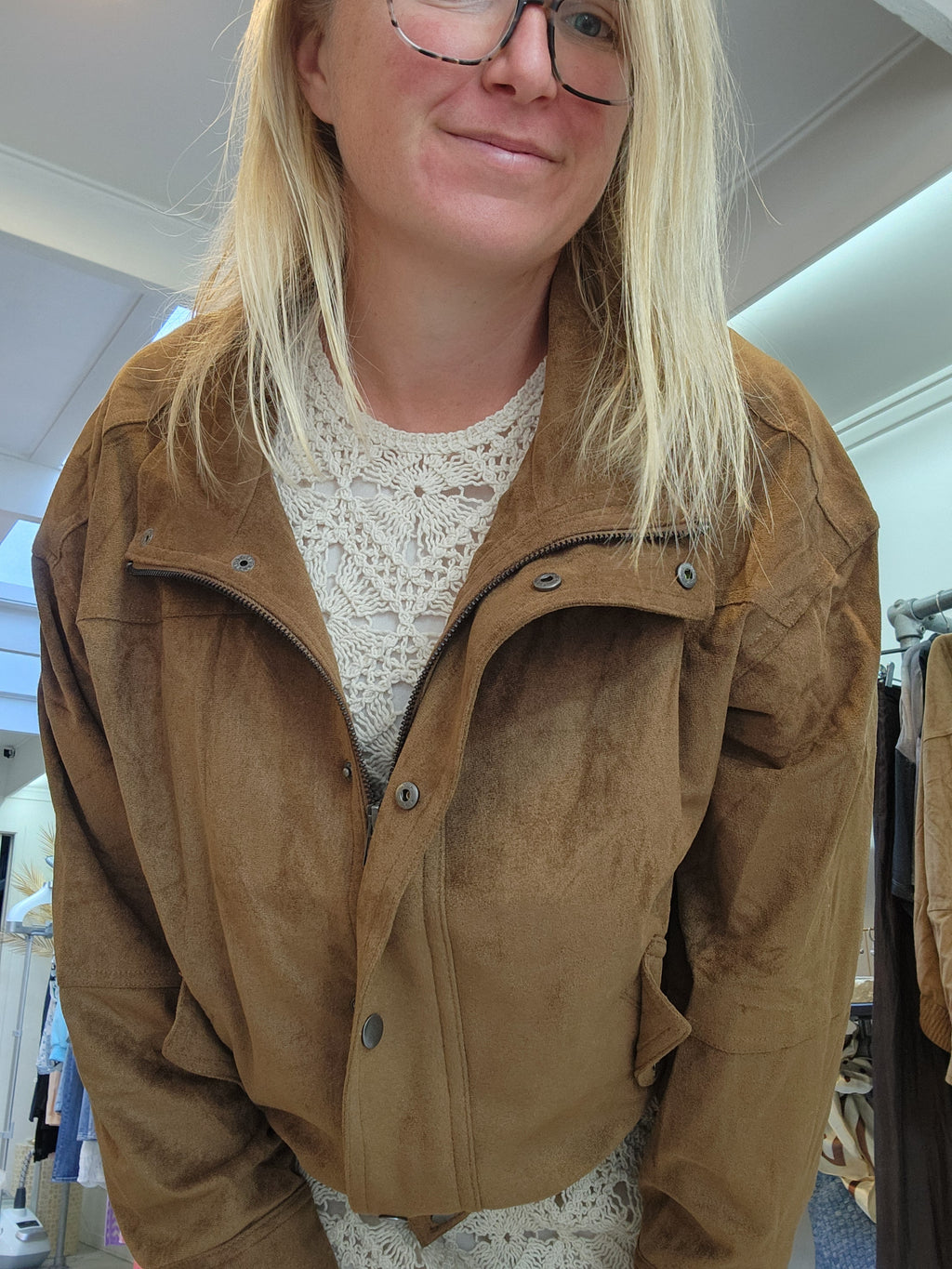 Tan Faux Suede Bomber Jacket