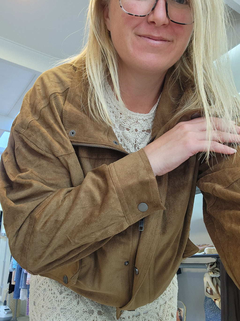 Tan Faux Suede Bomber Jacket