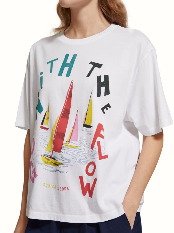 SCOTCH N SODA Loose Fit T-Shirt White GO WITH THE FLOW