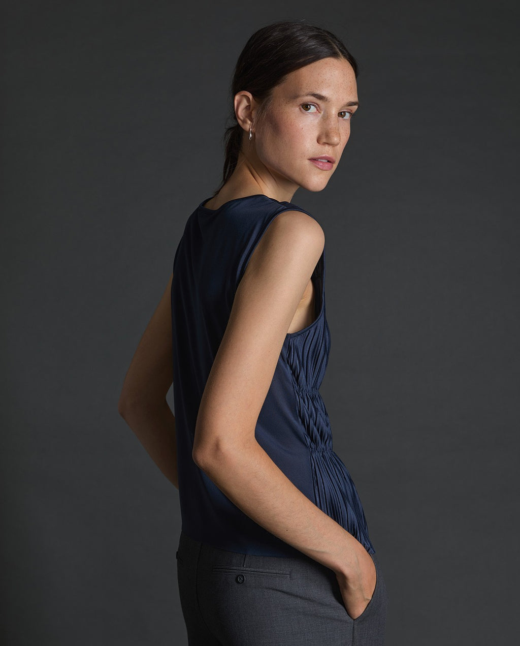 YERSE Navy-Blue Pleated Camisole