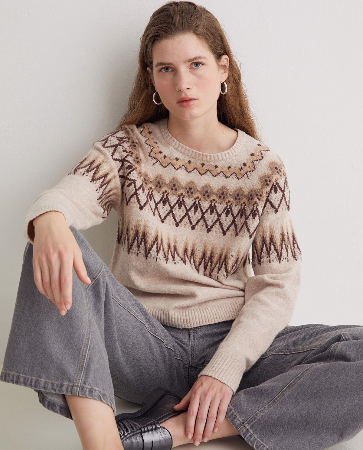 YERSE Ecru Cotton-Wool Blend Jacquard Sweater