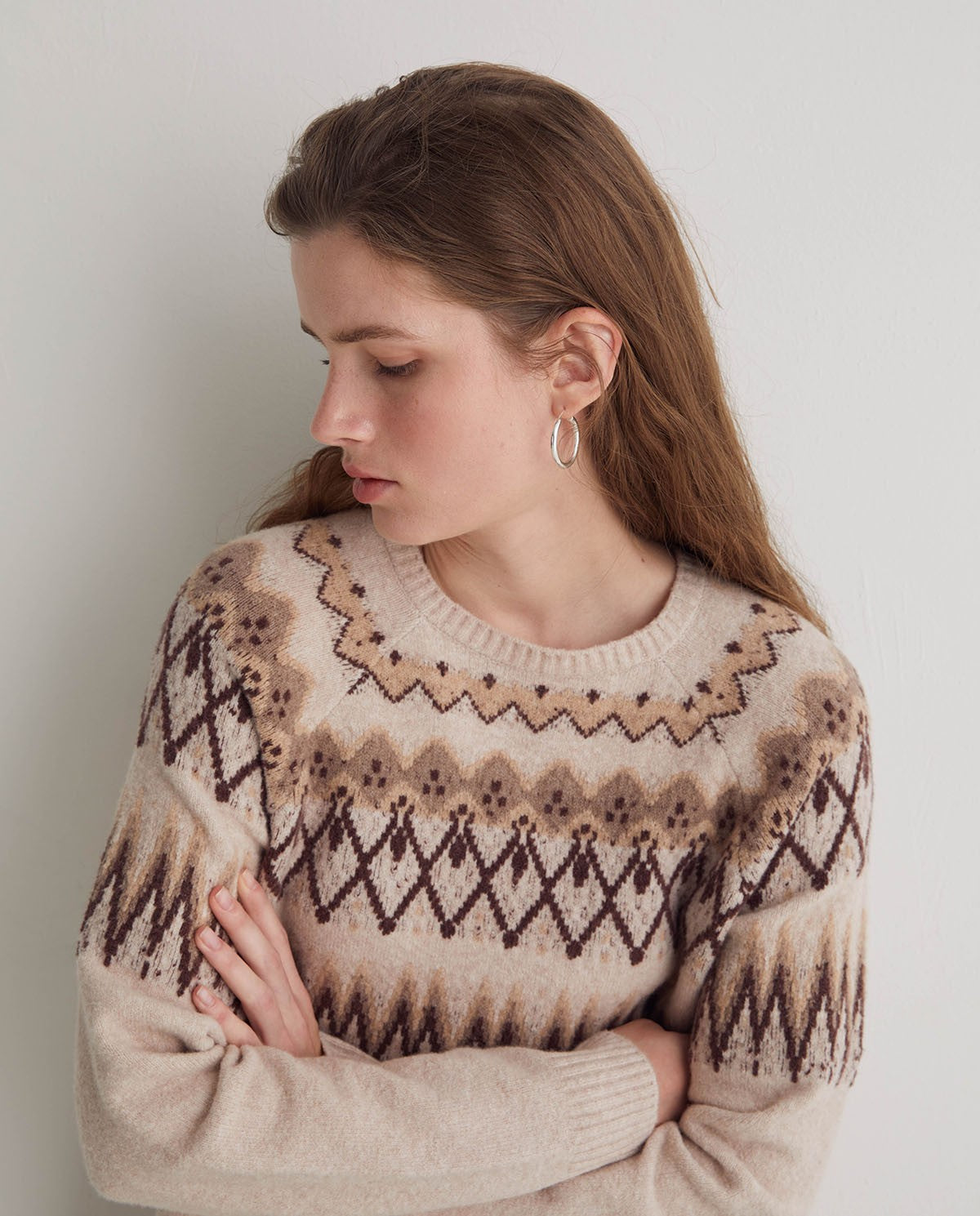 YERSE Ecru Cotton-Wool Blend Jacquard Sweater