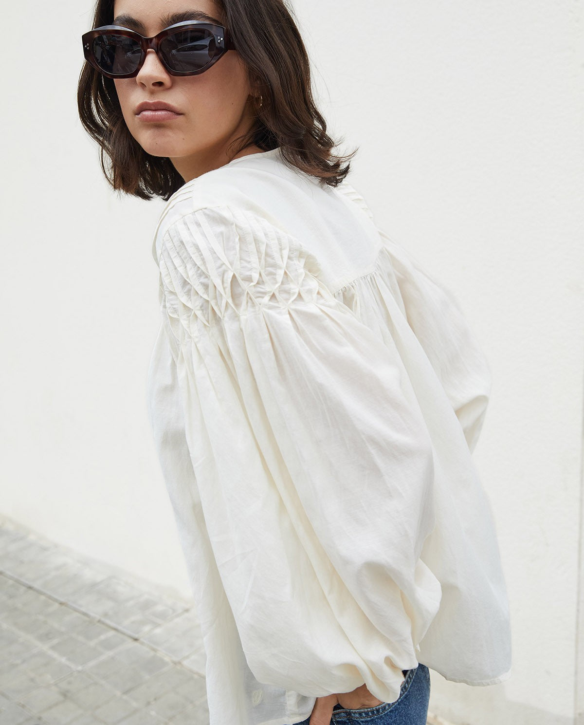 YERSE Ecru Cotton Pleated Blouse