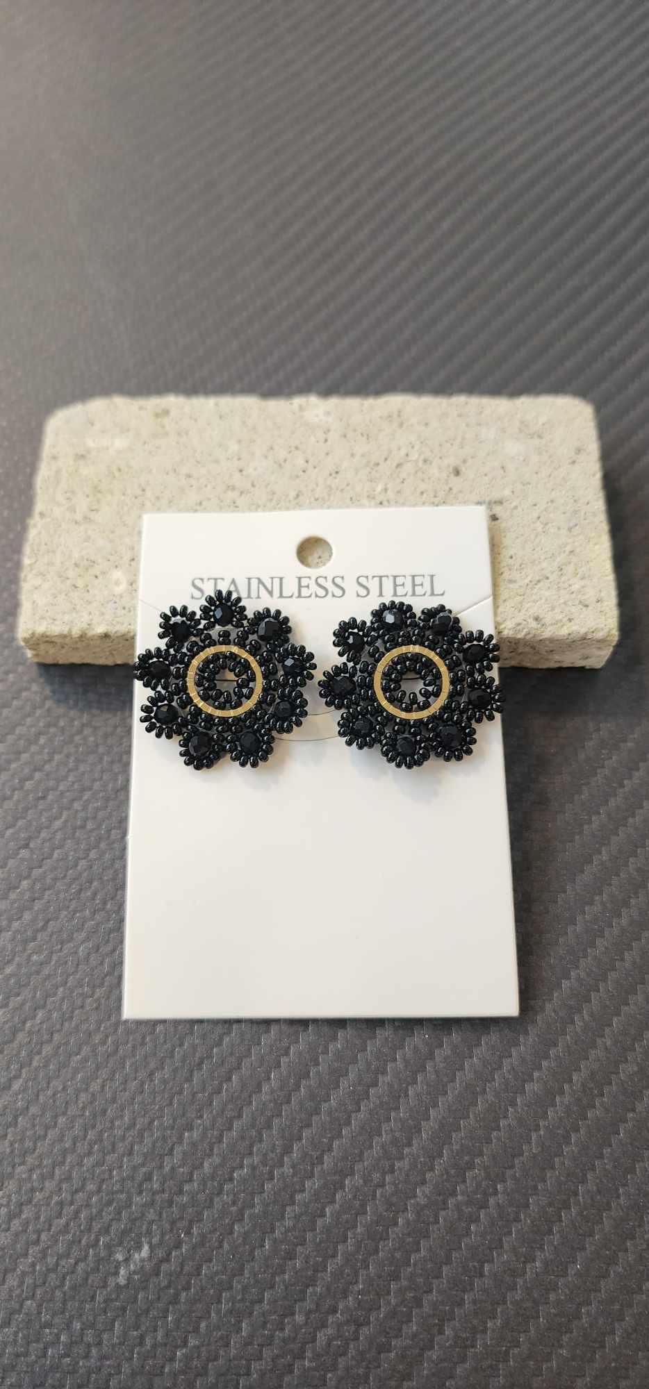 Steel Me Black Beaded Yellow Gold Stud Earrings