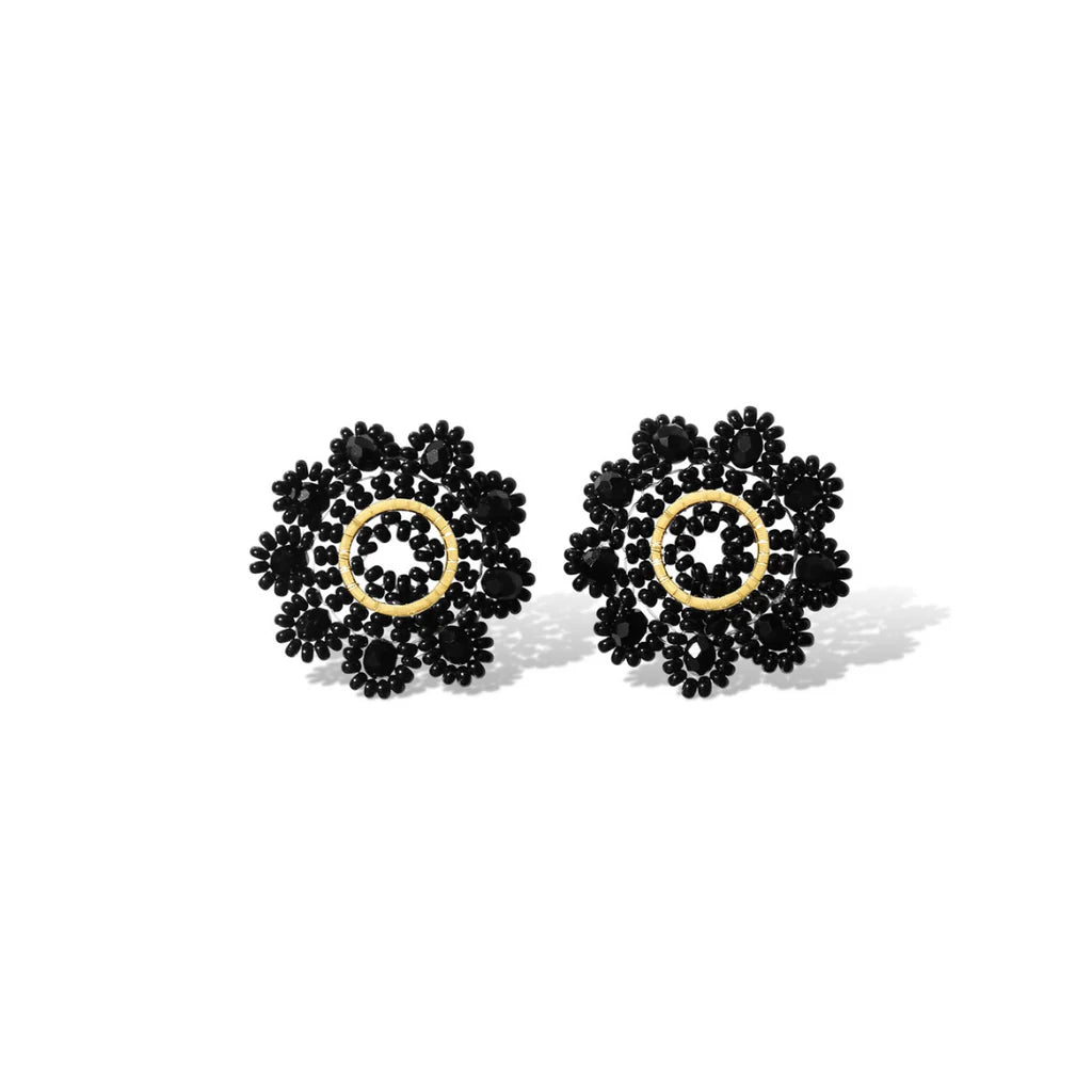 Steel Me Black Beaded Yellow Gold Stud Earrings