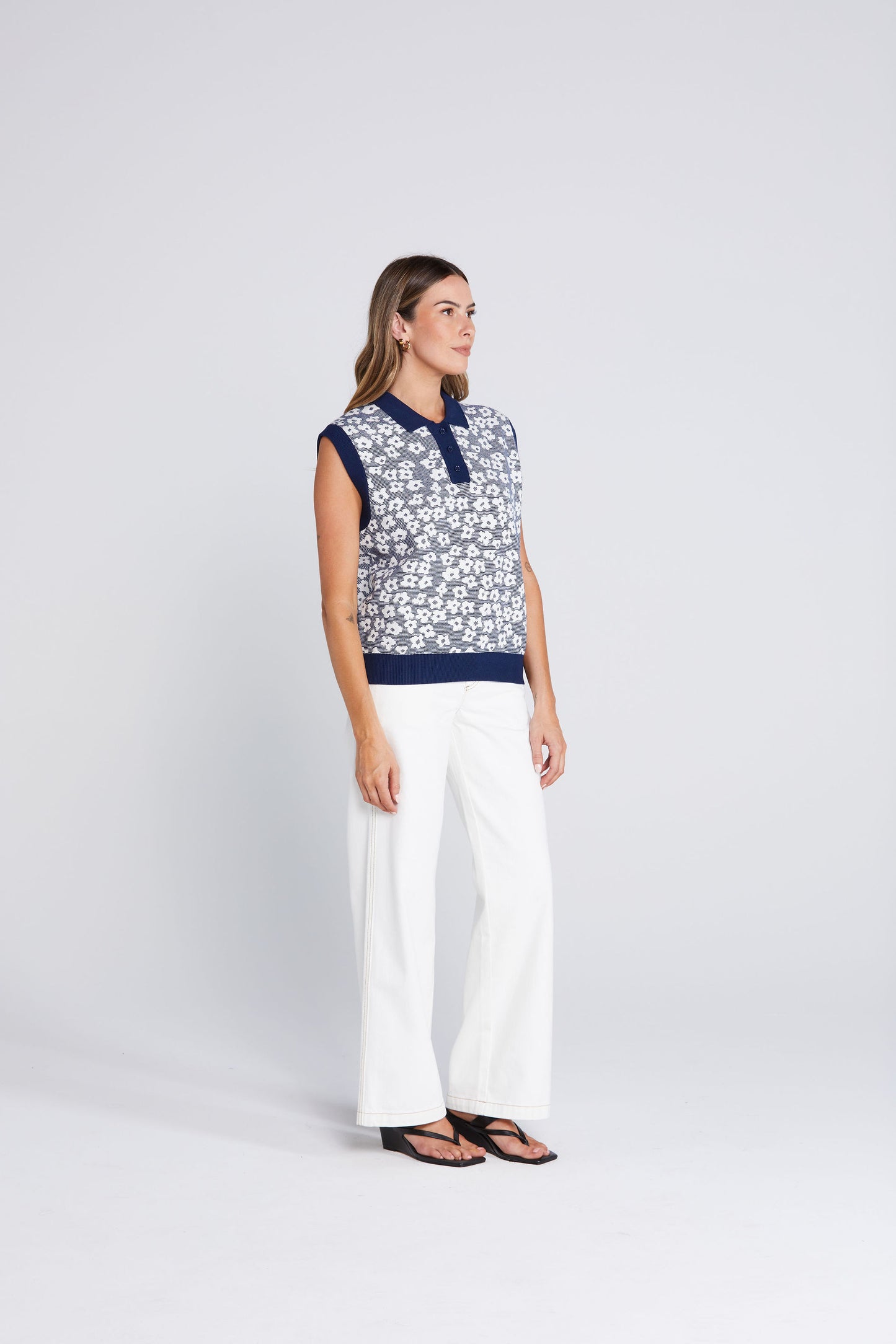Thing Thing Fairway Flowers Polo Bleached Navy Vest