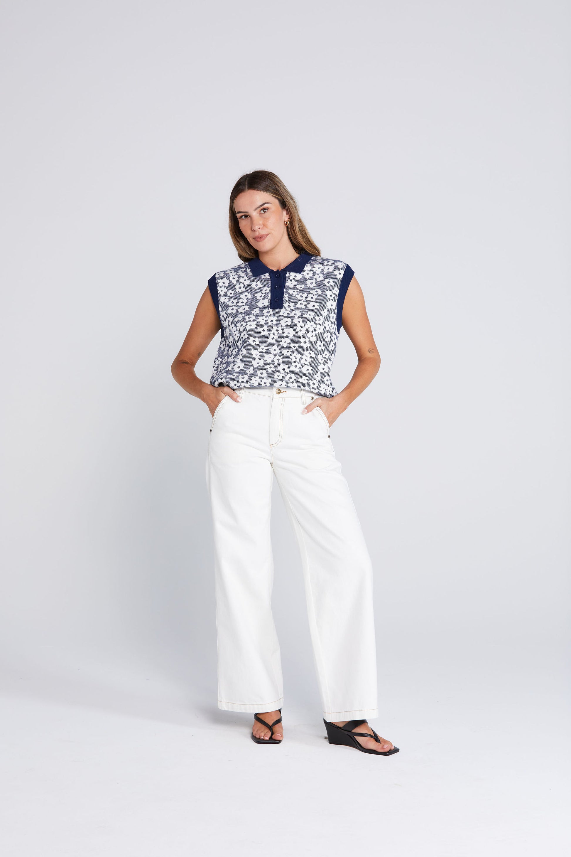 Thing Thing Fairway Flowers Polo Bleached Navy Vest
