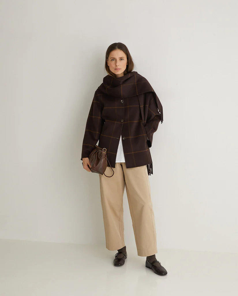 YERSE Fringed Coat with Scarf Detail