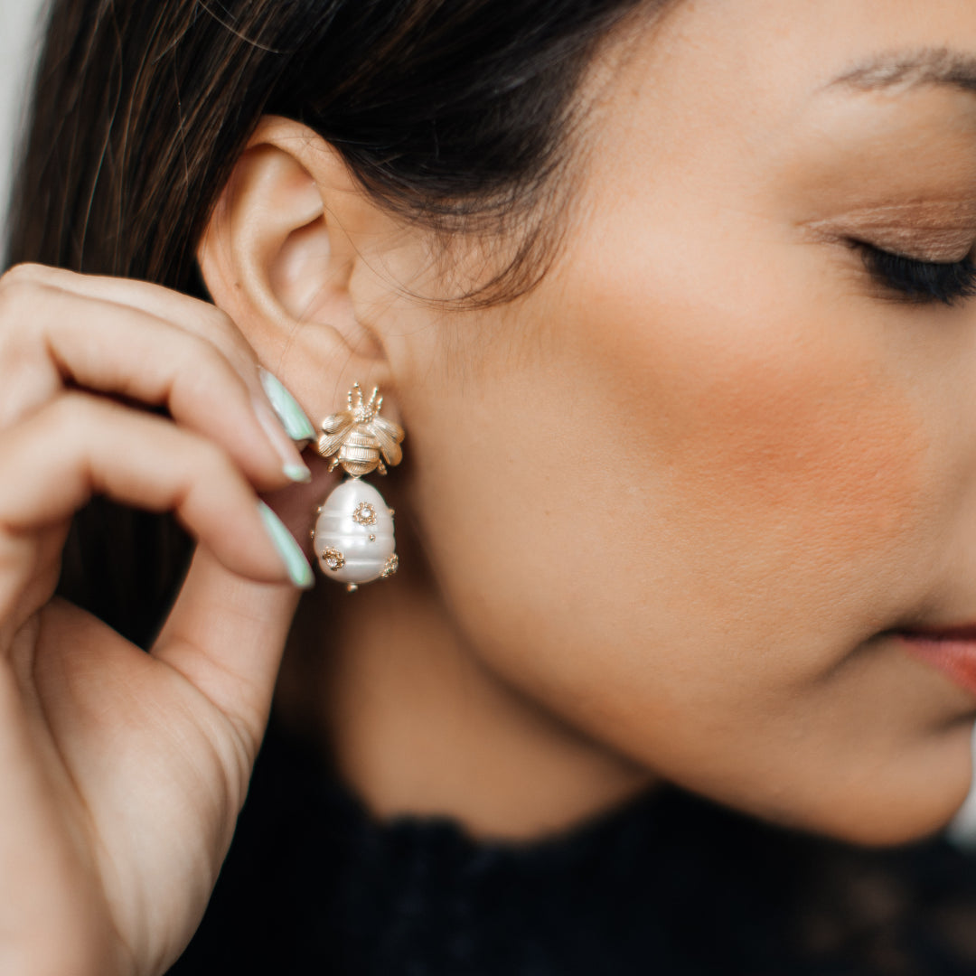 Pearl Bee Drop Earrings