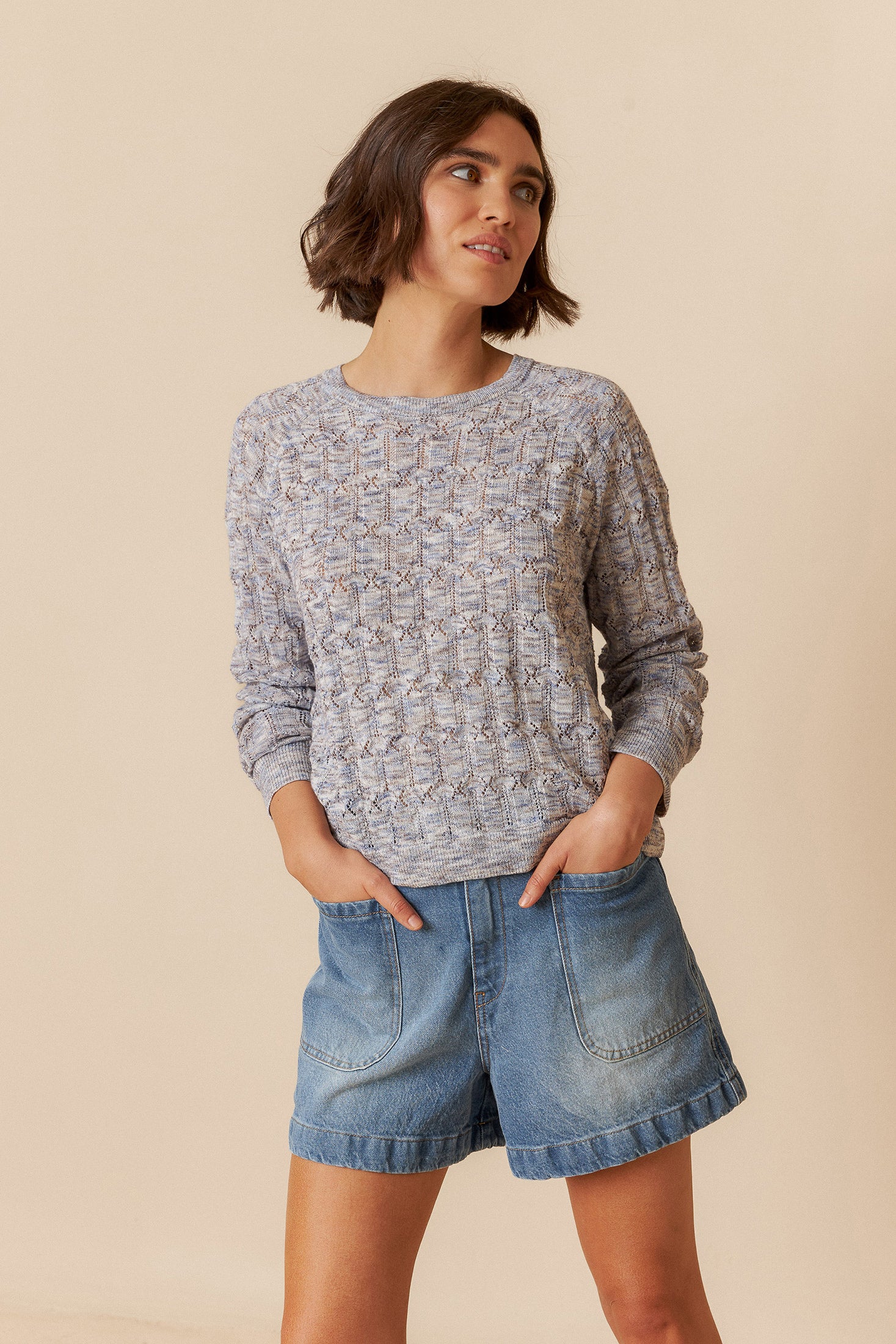 INDI + COLD POINTELLE KNIT SWEATER