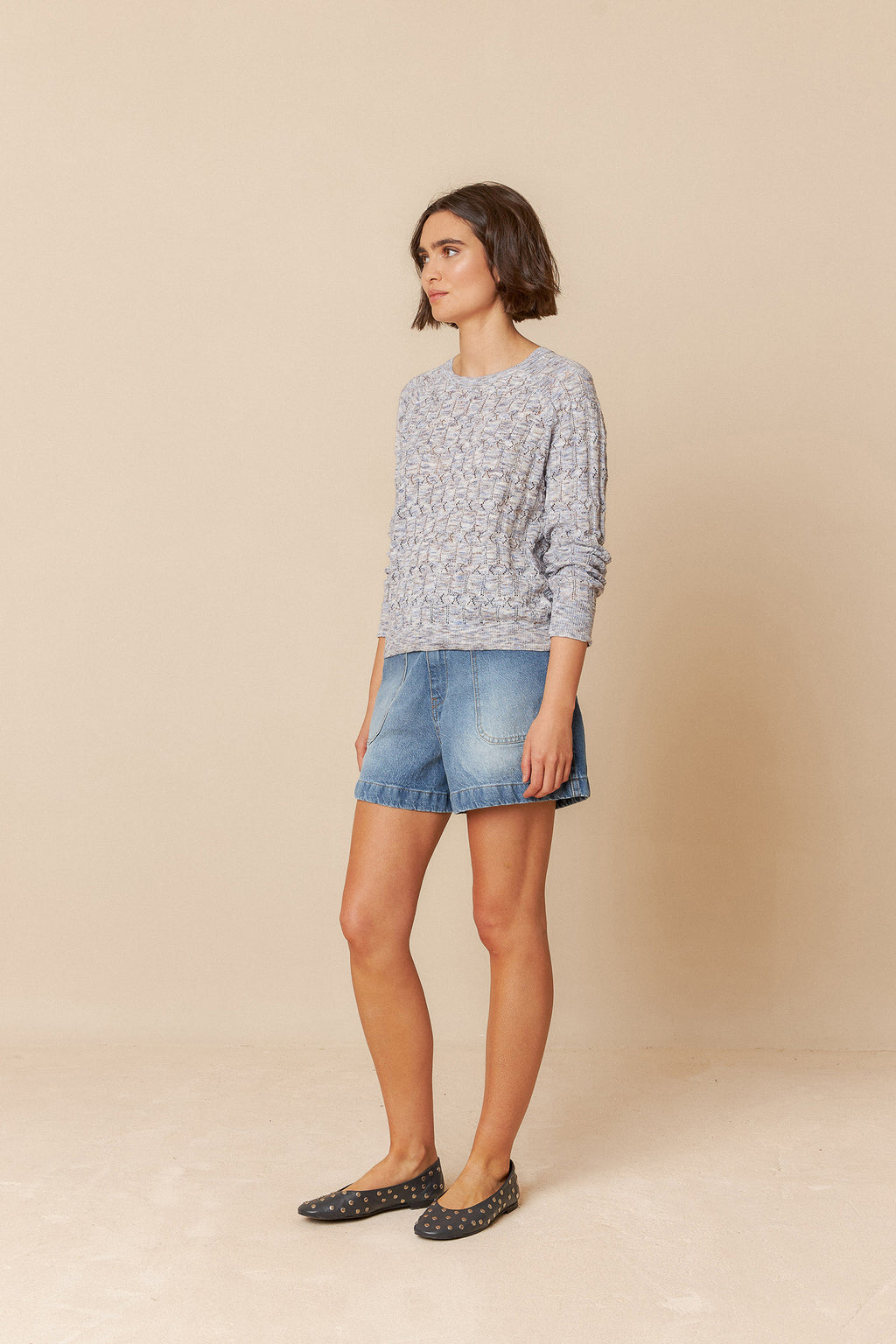 INDI + COLD POINTELLE KNIT SWEATER