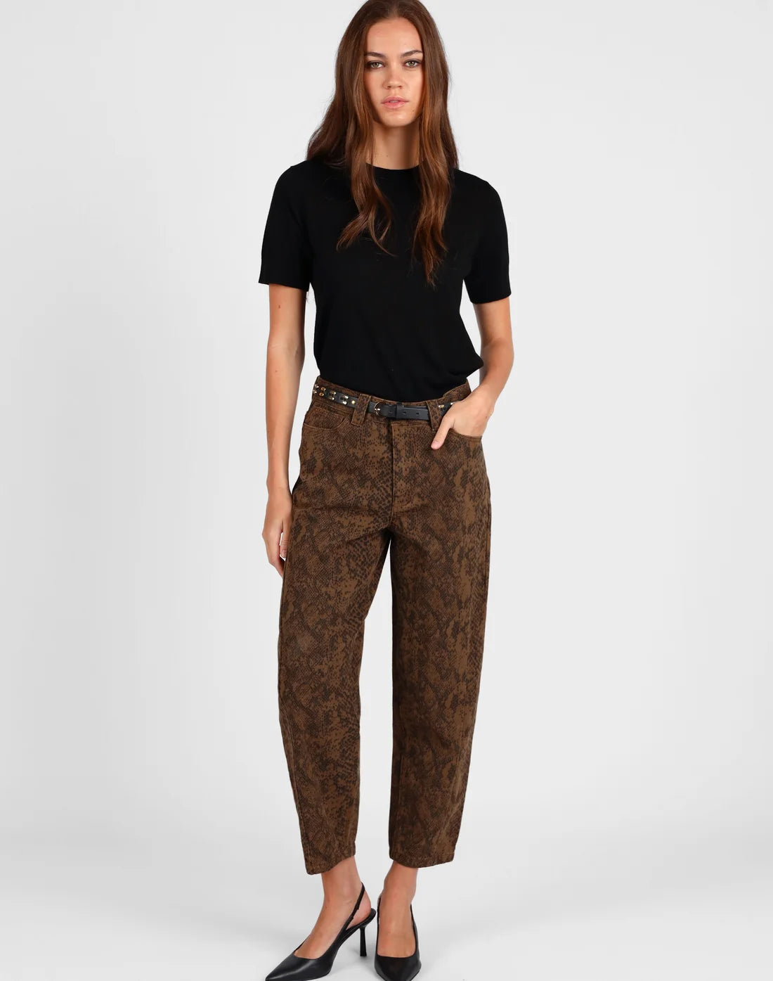 storm barrel leg jeans animal print