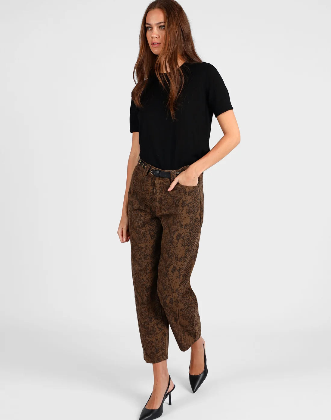 storm barrel leg jeans animal print