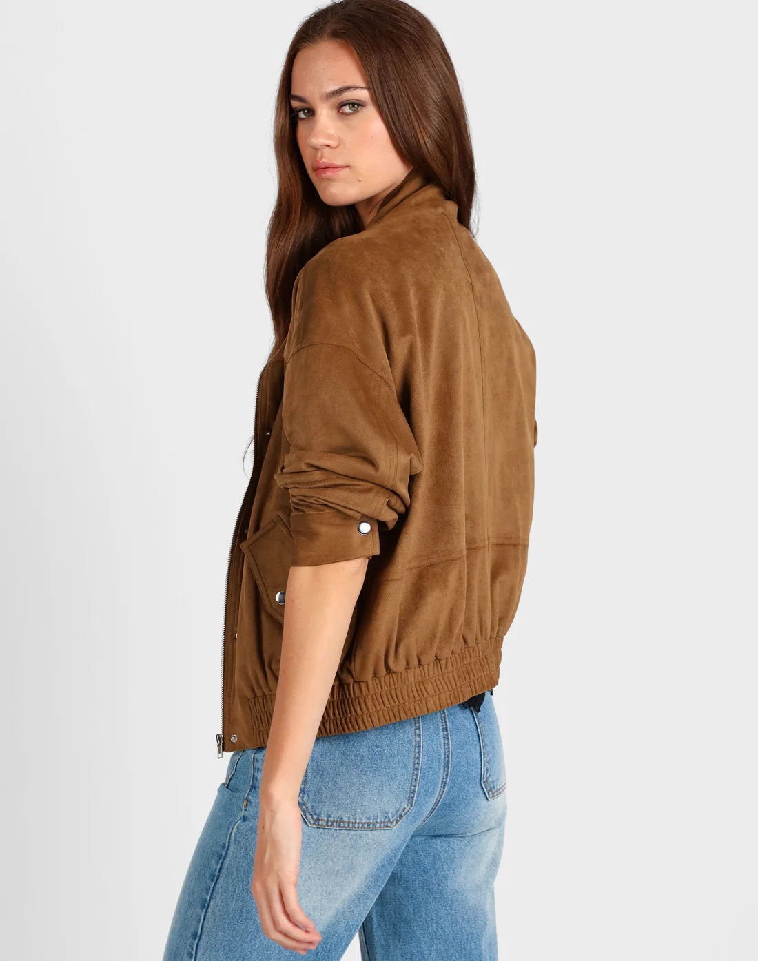 Tan Faux Suede Bomber Jacket