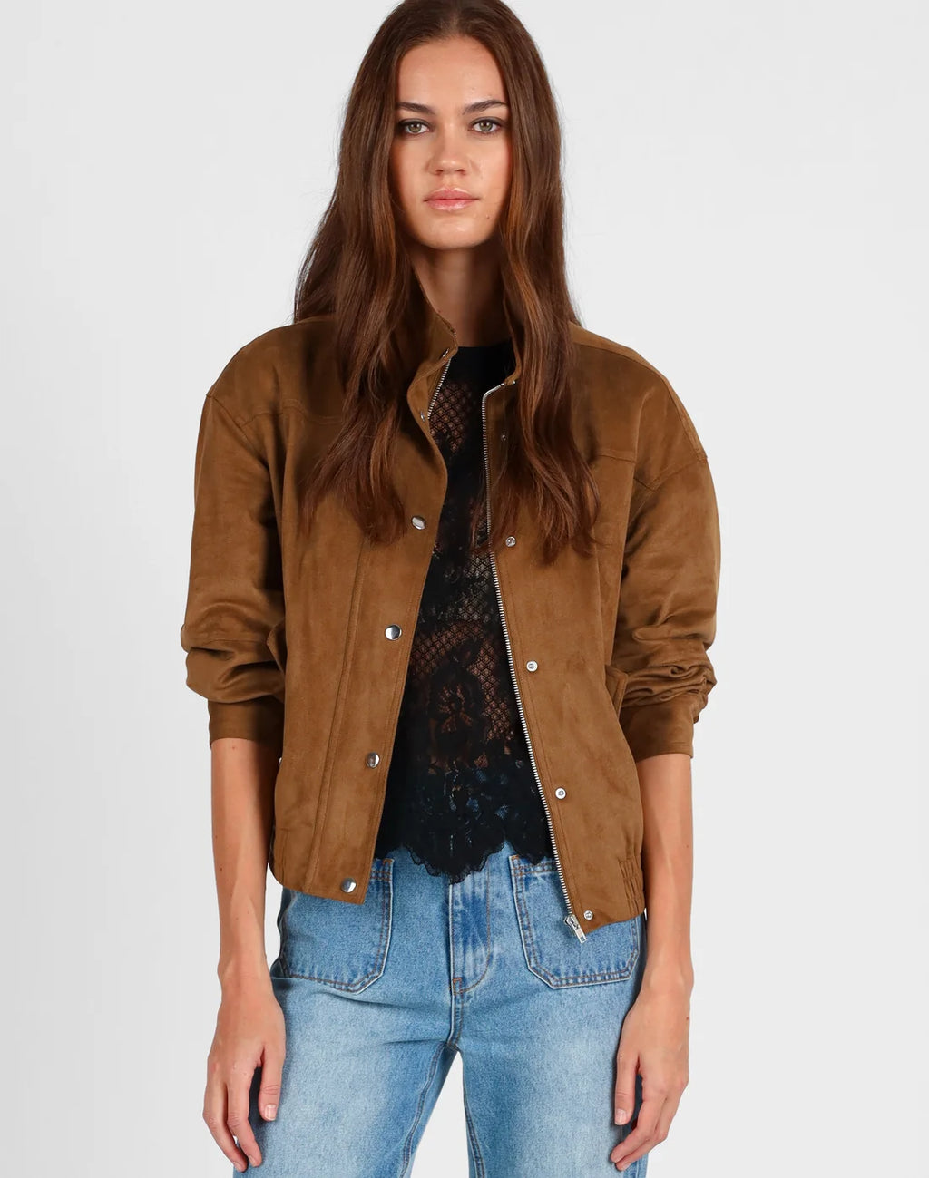 Tan Faux Suede Bomber Jacket