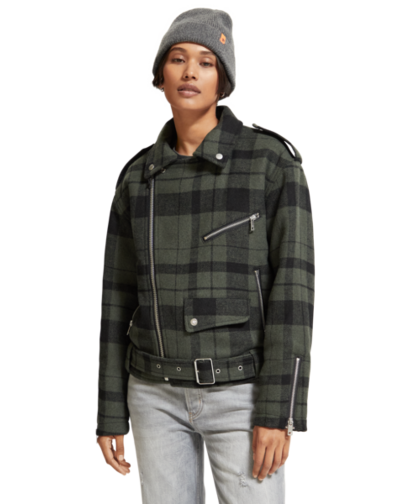 Scotch & Soda Green Check Biker Jacket