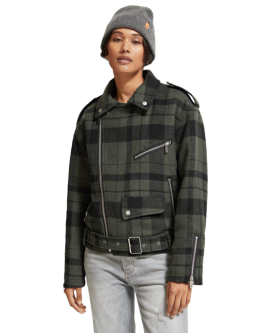 Scotch & Soda Green Check Biker Jacket