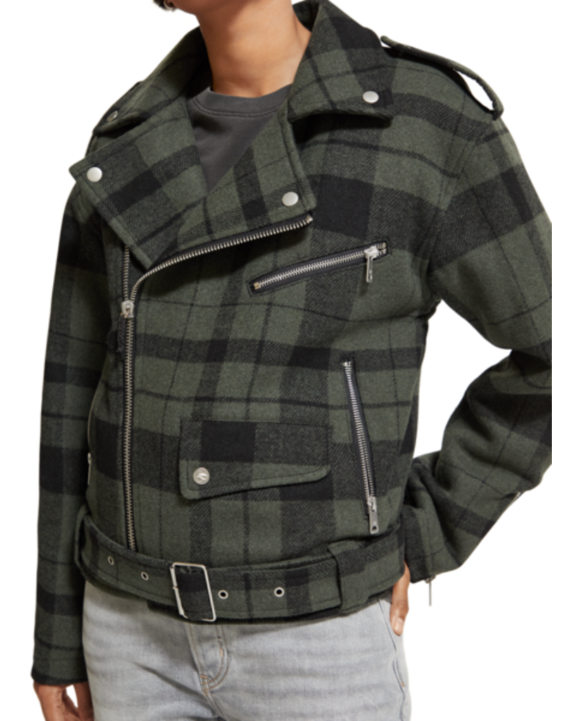 Scotch & Soda Green Check Biker Jacket